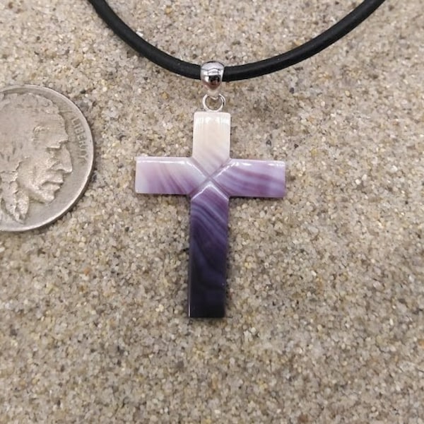 Handmade Carved Genuine Quahog Wampum Cross Pendant Necklace w/ Sterling Silver Bail on Black Leather Cord ~ Assorted Sizes 22" / 24" / 26"