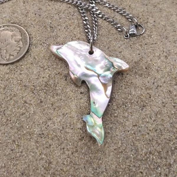 Hand Carved Genuine Abalone Dolphin Pendant on 22" Stainless Steel Necklace w/ Stainless Lobster Claw Clasp