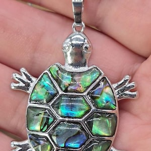 Könnte beinhalten: Eine silberfarbene Schildkröten-Anhänger-Halskette. Der Schildkrötenpanzer ist mit schillernden Abalone-Muschelteilen in Grün-, Blau- und Lilatönen eingelegt. Der Anhänger ist an einer filigranen Silberkette befestigt, was ein einzigartiges Schmuckstück ergibt.
