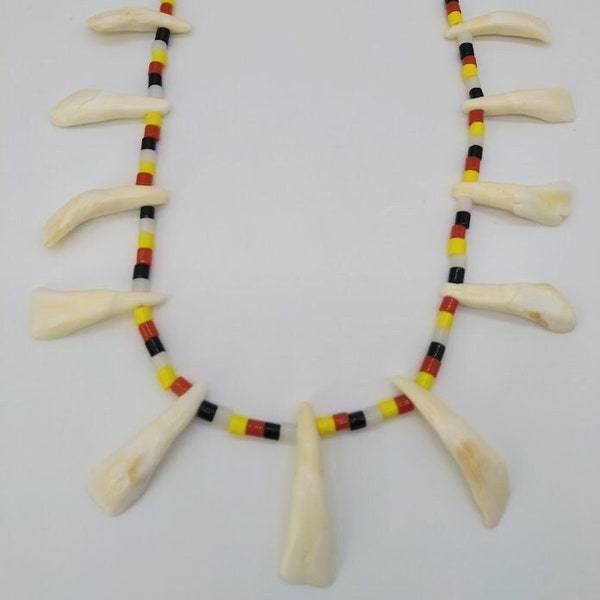 Handmade White Buffalo Tooth & Bone Hairpipe Necklace in Medicine Wheel Colors of White, Yellow, Red, Black ~ 28"
