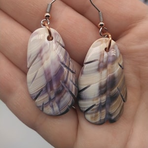 Handmade Carved Genuine Rhode Island Quahog Wampum Feathers on Stainless Steel Fishhook Earrings w/ Copper Accents
