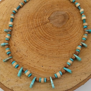 Genuine Kingman Mine and Campitos Turquoise & Juniper Seed Bead Stretch Necklace w/ Buffalo Bone Accents ~ Ghost Bead Necklace ~ 19 inch
