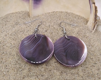 Hand Carved Genuine Rhode Island Quahog Wampum Circles on Surgical Stainless Steel Fishhook Earrings ~ Traditional Tribal Shell Jewelry
