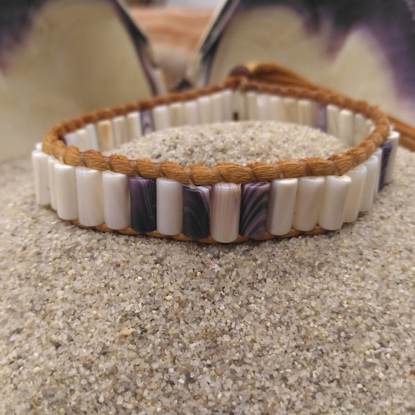 Genuine Massachusetts Quahog Wampum Tube Bead Bracelet w/ Purple Glass Bead Slide Closures ~ Fits Wrists 6.5" & Larger