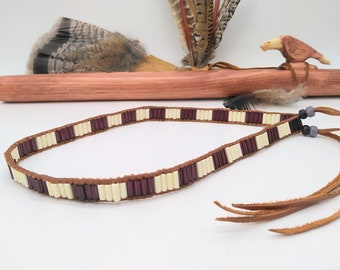 Handmade Purple and White Glass Wampum Headband or Hatband on Deerskin Leather Lacing ~ Fits Heads or Hats 21&quot; & Larger!