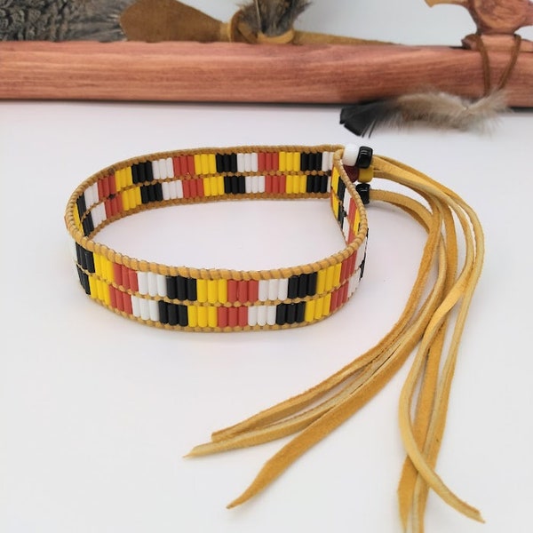 Handmade Glass Wampum Armband / Leg Tie or Choker in Medicine Wheel Colors on Deerskin Leather Lacing w/ Glass Crow Bead Closures