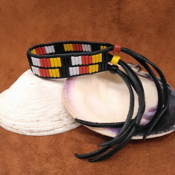 Medicine Wheel / Four Directions Glass Tube Bead Bracelet on Black Deerskin Leather Lacing w/ Glass Crow Bead Slide Closures