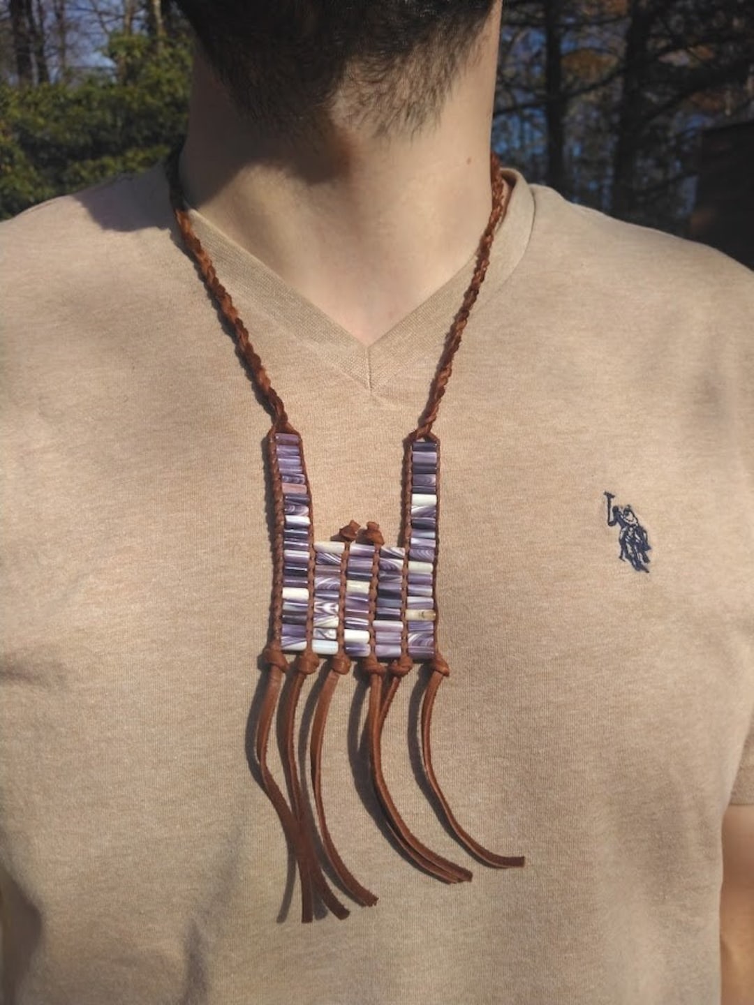 Genuine Handmade Wampum Bead Necklace on Deerskin Leather Lacing