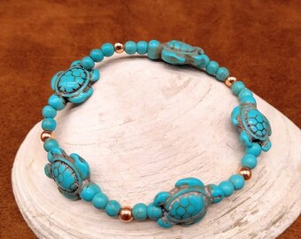 Stone Turquoise Howlite Turtle Stretch Bracelet w/ Turquoise Howlite Beads & Real Copper Beads ~ Eastern Woodlands