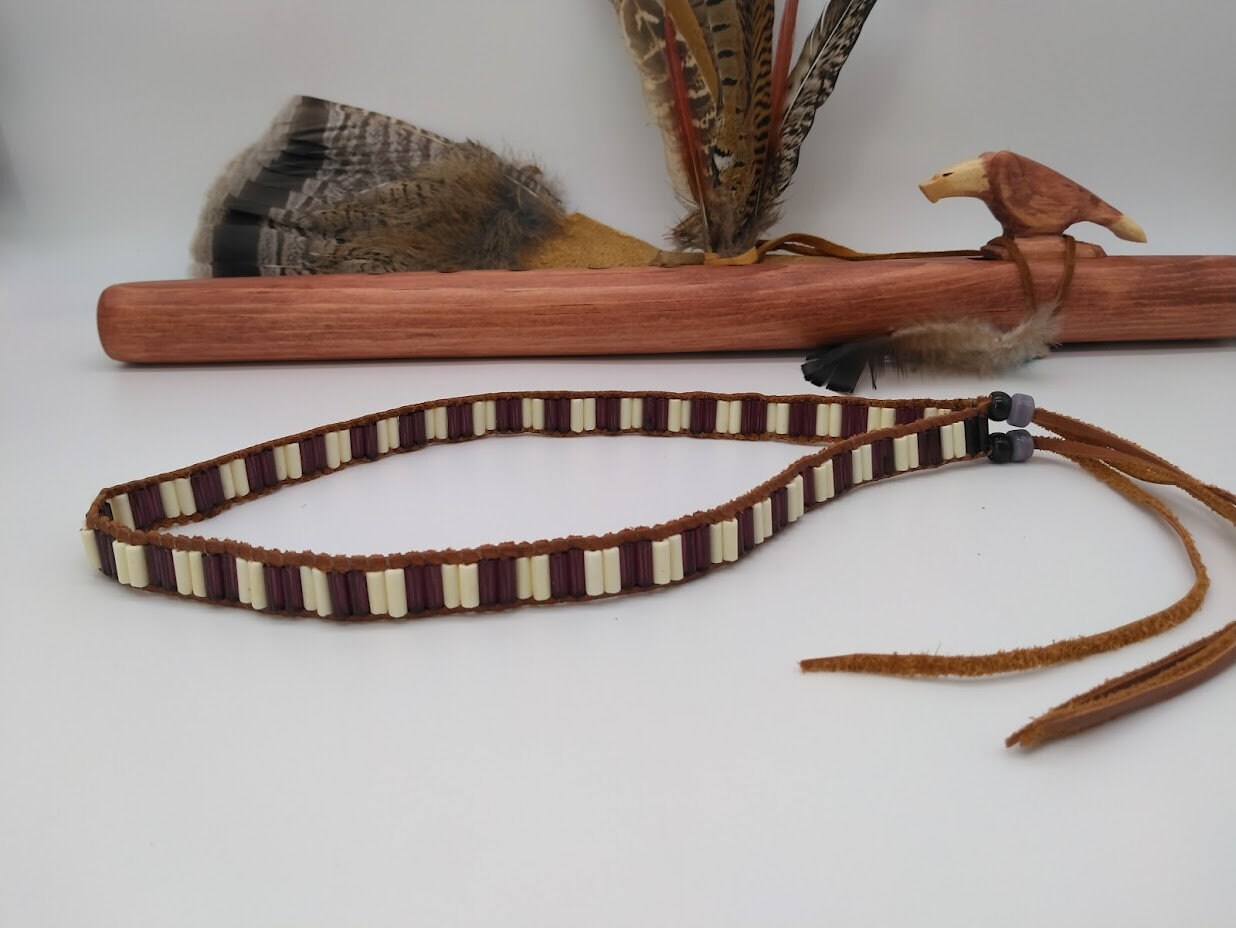 Handmade Purple and White Glass Wampum Headband or Hatband on Deerskin Leather Lacing ~ Fits Heads or Hats 21" & Larger!