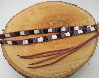 Handmade Purples and White Glass Wampum Headband or Hatband on Deerskin Leather w/ Deer Antler Closure  ~ Fits Heads or Hats 20&quot; & Larger!