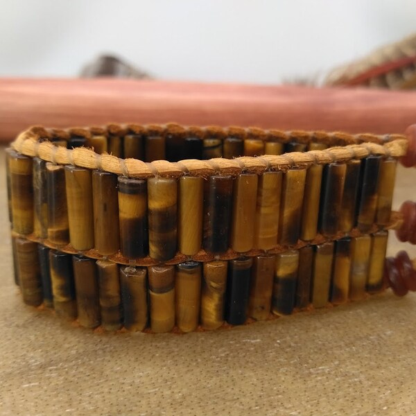 Handmade Tiger's Eye Tube Bead Bracelet on Deerskin Leather Lacing ~ 2 Sizes ~ Fits Wrists 5.5" and Larger!