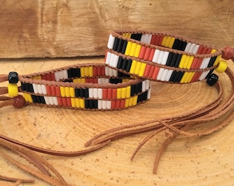 Medicine Wheel / Four Directions Glass Tube Bead Bracelet on Deerskin Leather Lacing w/ Glass Crow Bead Slide Closures
