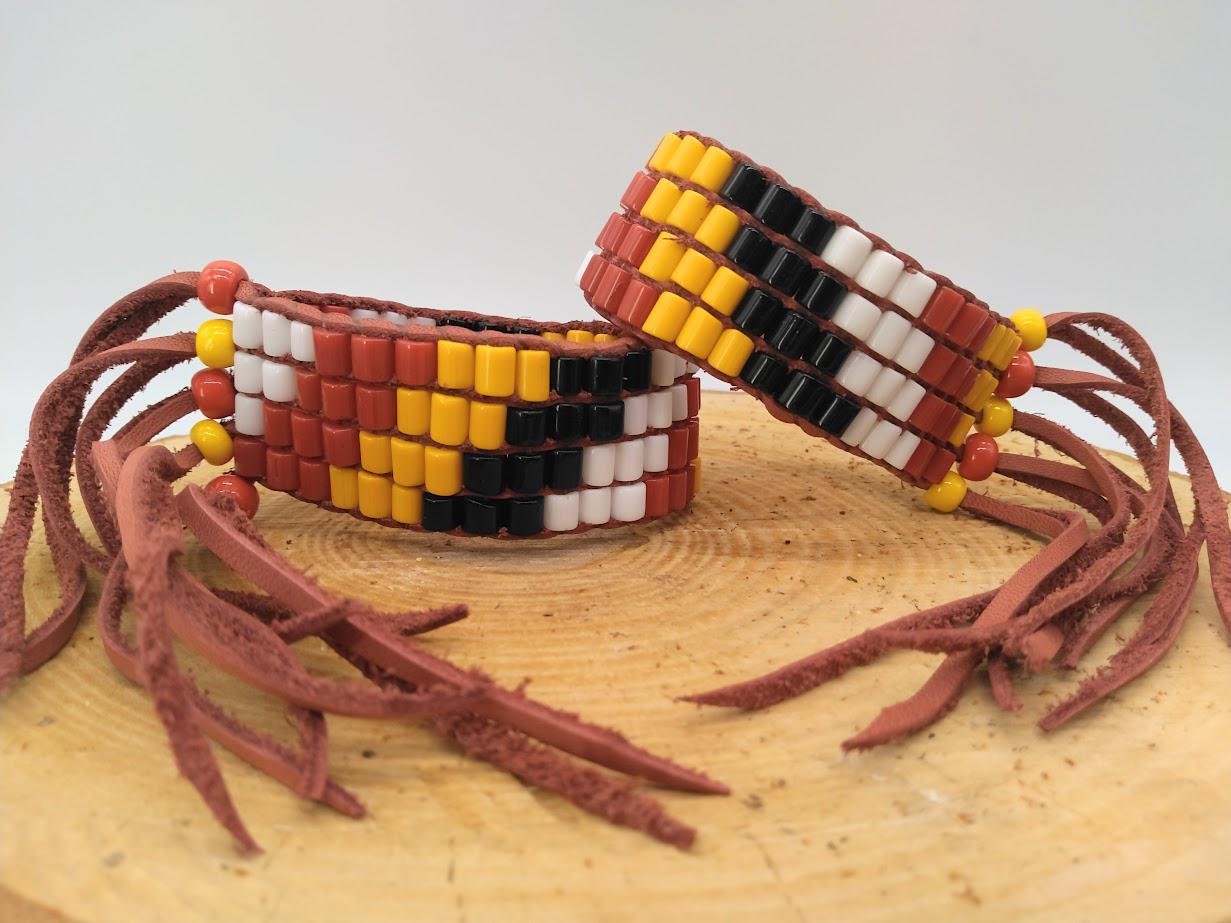 Pair of Handmade Medicine Wheel / Four Directions Glass Bead Bracelets on Deerskin Leather Lacing ~ Fits Wrists 6" & Larger ~ Adjustable!