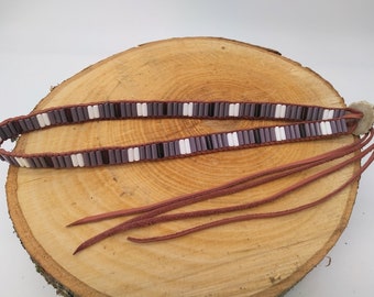 Handmade Purples and White Glass Wampum Headband or Hatband on Deerskin Leather w/ Deer Antler Closure  ~ Fits Heads or Hats 20&quot; & Larger!