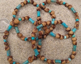 Genuine Kingman Mine and Campitos Turquoise & Juniper Seed Bead Stretch Bracelet ~ Ghost Bead Bracelet