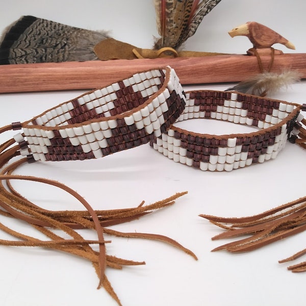 Pair of Handmade Purple & White Glass Wampum Armbands / Leg Ties in Traditional Pattern on Deerskin Leather ~ Fits Arms/Legs 13" and Larger