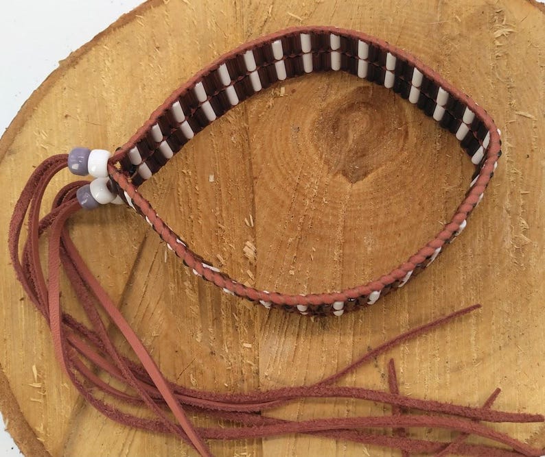 Handmade Purple and White Glass Wampum Bead Armband / Leg Tie / Choker