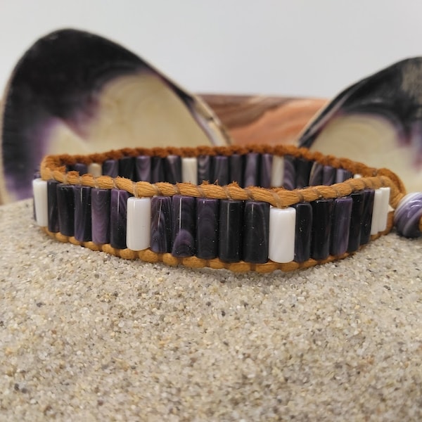 Genuine Massachusetts Quahog Dark Wampum Tube Bead Bracelet w/ Wampum Crow Bead Closure ~ Fits Wrists 6.5" & Larger