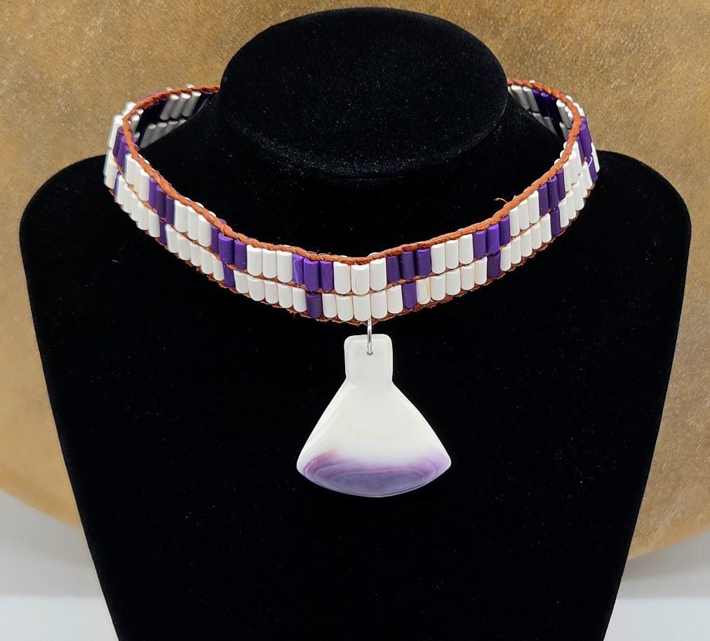 Clay Wampum Choker w/ Quahog Wampum Tomahawk Pendant