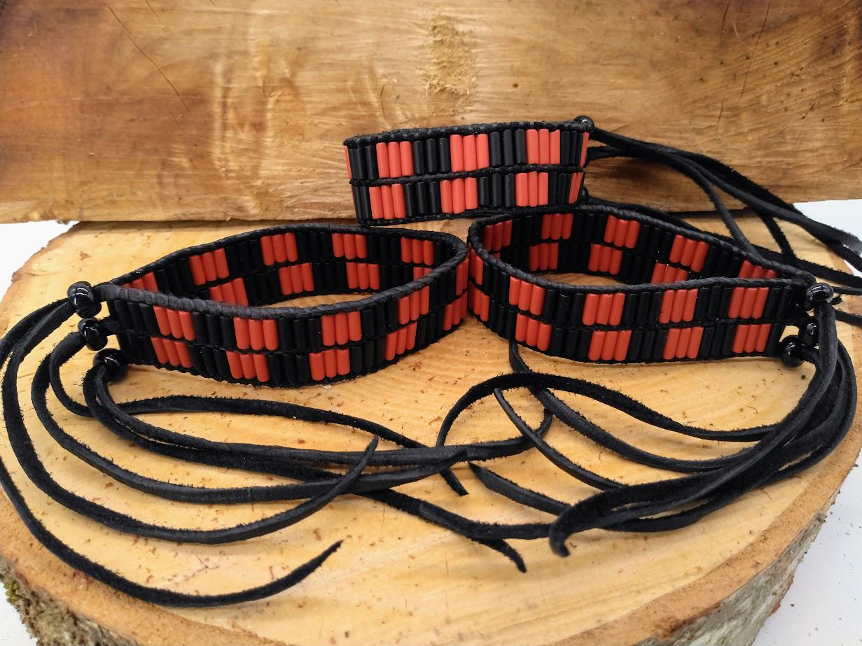 Red & Black Tube Bead Veteran Warrior Bracelet on Black Deerskin Lacing w/ Black Glass Crow Bead Closures ~ Fits Wrists 6.5" and Larger!