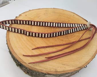 Handmade Purple and White Glass Wampum Headband / Hatband on Deerskin Leather Lacing w/ Antler Closure ~ Fits Heads or Hats 21&quot; & Larger!