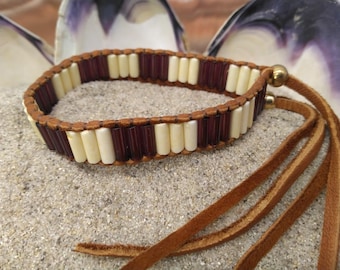 Glass Wampum Bead Bracelet in Traditional Pattern Woven onto Moose Leather Lacing w/ Brass Bead Closure ~ Fits Wrists 6.5&quot; & Larger!