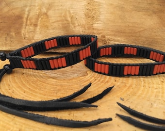 Red & Black Tube Bead Veteran Warrior Bracelet on Black Deerskin Lacing w/ Black Glass Crow Bead Closures ~ Fits Wrists 6.5&quot; and Larger!