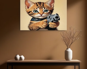 24x36 Canvas Print: Kitten with Gun - Subliminal Propaganda Art