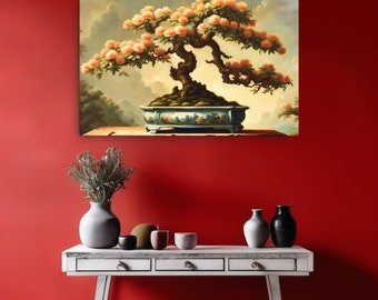 Bonsai painting - Canvas print 24x36 inch - "Tranquil Blossoms: A Bonsai Symphony"