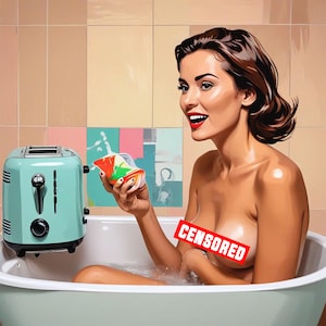 May include: A woman in a bathtub holds a colorful sponge in her hand. She is smiling and looking at the sponge. The bathtub is white and has a light blue rim. There is a light blue toaster on the counter behind her. The text "CENSORED" is on the woman's chest.