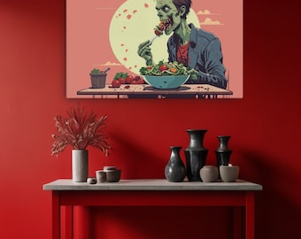Vegan Zombie Canvas Print - 24x36 inch -  "The Undead Dilemma: A Zombie's Quest for Health"