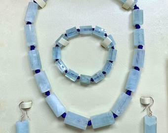 Blue Aquamarine Jewelry Set: Necklace, Bracelet, Earrings