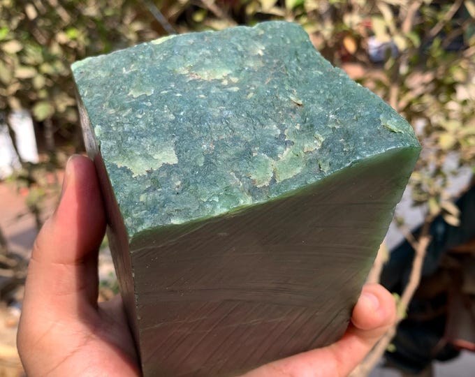 Green Nephrite Jade Cube: Unpolished Afghan Jade Stone (1540 Grams, 113x81x79 mm