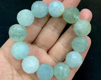 Faceted Aquamarine Beads Bracelet - Natural Blue Gemstone (16-18mm)