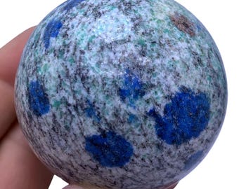 K2 Jasper Sphere: White Stone with Blue Dots, Pakistan Origin