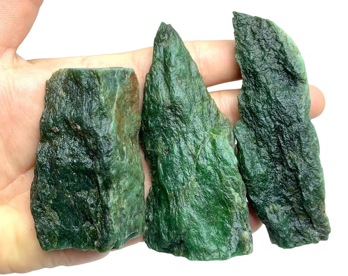Raw Green Nephrite Jade Stone: 3 Afghan Free Form Pieces