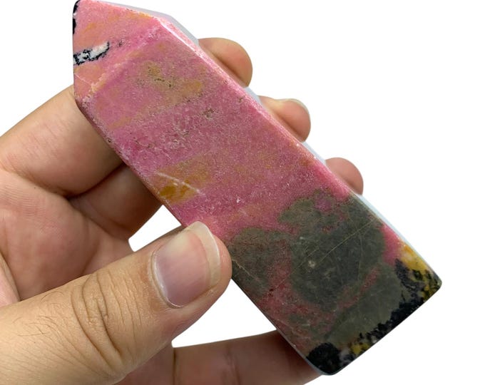 AAA Pink Rhodonite Tower: Polished Crystal Obelisk (300g, 97mm, Afghanistan Origin)