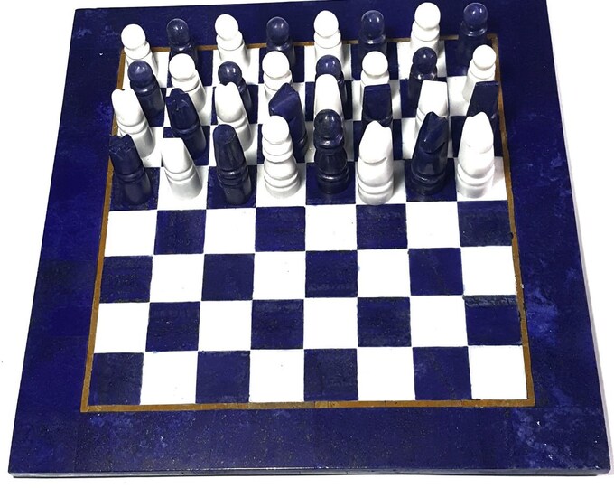 Lapis Lazuli and Marble Chess board, Lapis Lazuli Chess Board, Chess Board, Afghan Hand Made Chess Board Set, 2930 grams Size 12/12 Inches