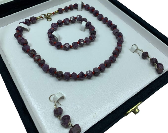 Pink Ruby Corundum Jewelry Set: Necklace, Bracelet & Earrings