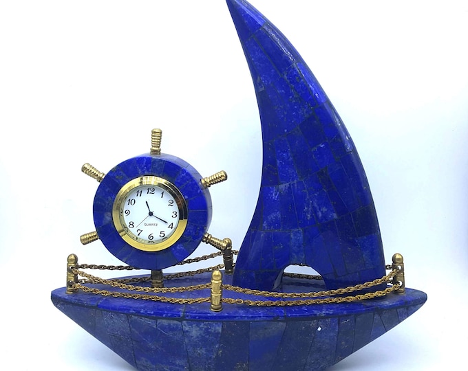 Lapis Lazuli Ship Table Clock 6.5 x 8 Inches