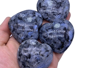 Blue Larvikite Heart Stones: 6 Pcs, 570g Total