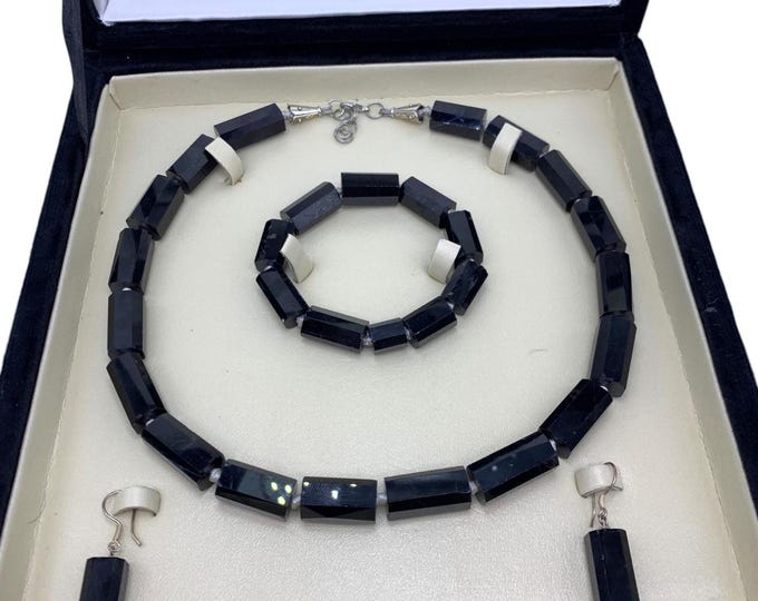 Beautiful Polished Black Tourmaline Jewelry Set, Black Tourmaline Set, Black Tourmaline Necklace, Tourmaline Set, Tourmaline Jewelry Set