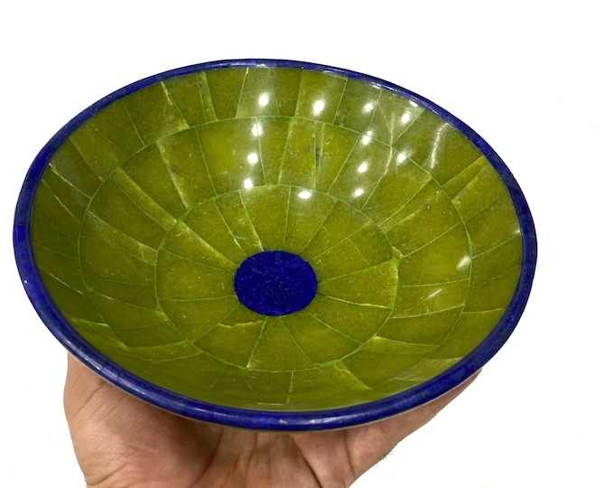 Green King Shah Maqsood Jade Plus Lapis Lazuli Round Bowl 750 Grams