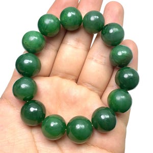 AAA Green Nephrite Jade Bracelet: Polished Afghan Gemstone, 15mm Beads
