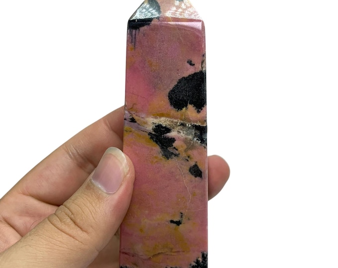 Polished Pink Rhodonite Tower: 350g Crystal Obelisk