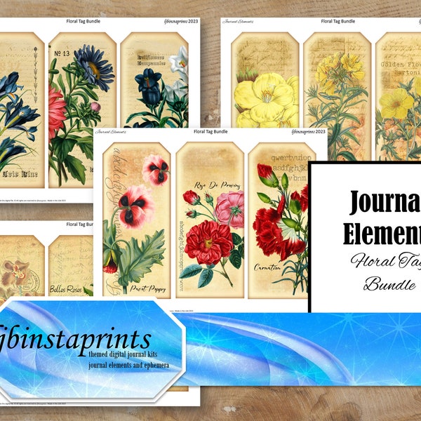 Floral Journal Tag Bundle, Journal Elements, Digital Journal Tags, Journal Tag Bundle, Journal Tags, Instant Download