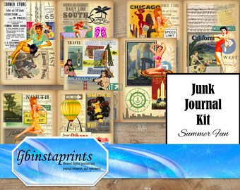 Summer Fun Journal Kit, Retro Travel Journal Kit, Travel Journal Kit, Pinup Girl Travel Journal Kit, Instant Download