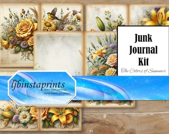 Kit de diário "As cores do verão", kit de diário botânico, suprimentos para diário de sucata, kit de diário de sucata com tema floral, kit de diário de sucata faça você mesmo