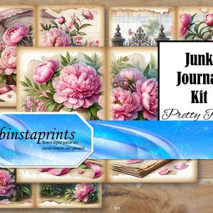 Pretty Peony Journal Kit, Botanical Junk Journal Kit, Pink Floral Journal Kit, Journal Kit, Instant Download